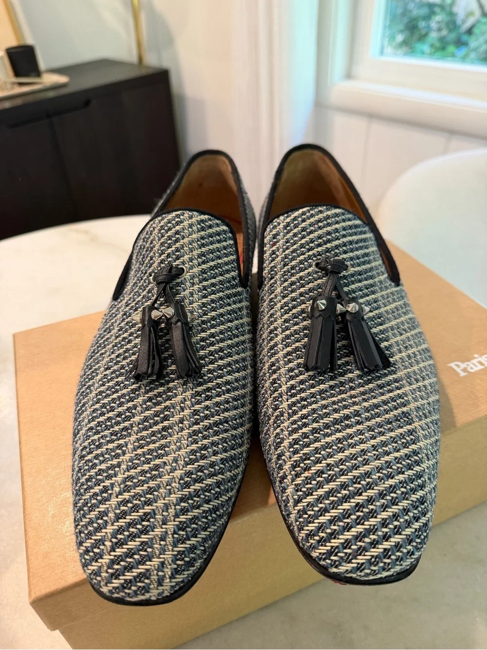 Christian Louboutin Navy and Cream Woven Tassel Loafers (Size 45) - Nordstroms!